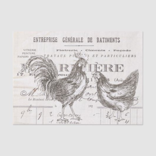 Papier Mousseline Rooster Hen Script français Ephemera Bird Découpag (Recto)