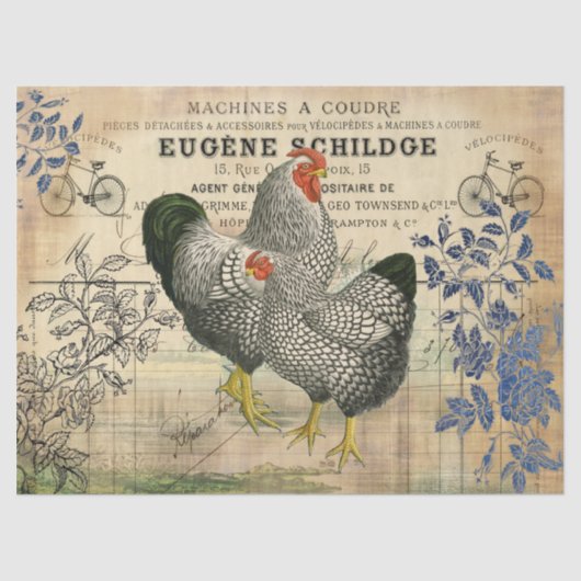 Papier Mousseline Rooster vintage et Découpage Hen Ephemera (Recto)