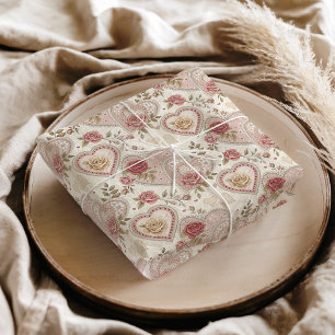 Papier Mousseline Rose ancienne à motif de coeurs froncés brun ivoir