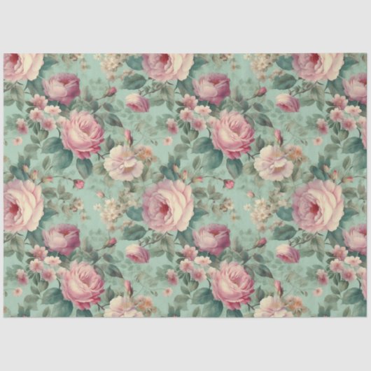 Papier Mousseline Rose Floral vintage Aqua Découpage (Recto)