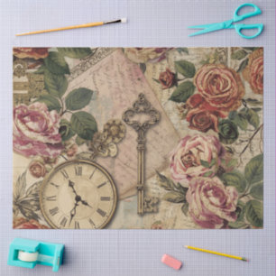 Papier Mousseline Rose française vintage florale avec vieille lettre