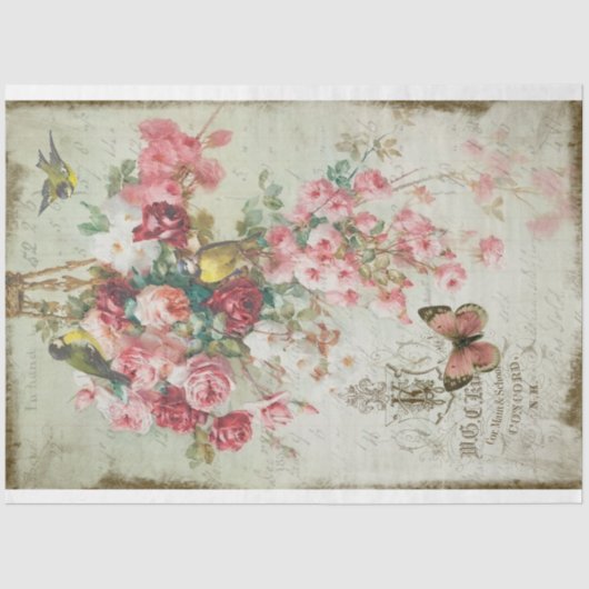Papier Mousseline Rose Traînantes Roses roses et oiseaux Découpage (Recto)