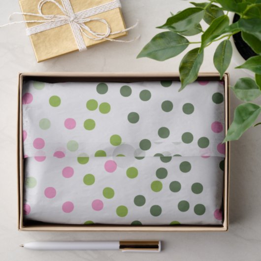 PAPIER MOUSSELINE ROSE VERT POIS BLANC (Cadeau)