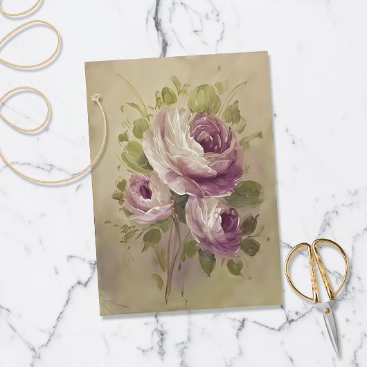 Papier Mousseline Roses blanches violettes vintages