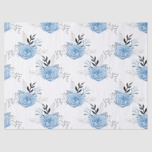Papier Mousseline Roses bleus sur la page Découpage blanc (Recto)