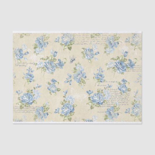 Papier Mousseline Roses d'aquarelle bleu et collage de texte (Recto)