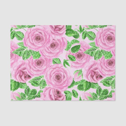Papier Mousseline Roses d'aquarelle rose avec feuilles et bourgeons  (Recto)