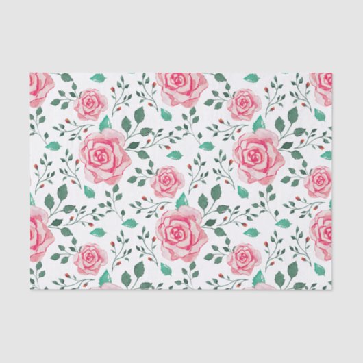 Papier Mousseline Roses d'aquarelle rose et Motif de feuillage vert (Recto)