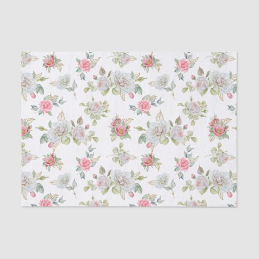 Papier Mousseline Roses élégants avec Feuilles gravés or (Recto)