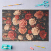 Papier Mousseline Roses en rouge et rose peint sur découpage en bois (Artisanat)