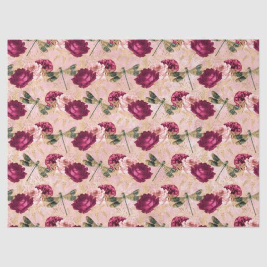 Papier Mousseline Roses et libellules (conception 4) (Recto)