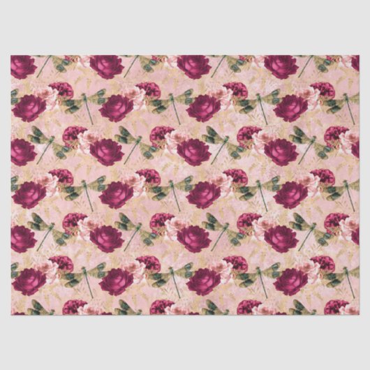 Papier Mousseline Roses et libellules (modèle 4) (Recto)