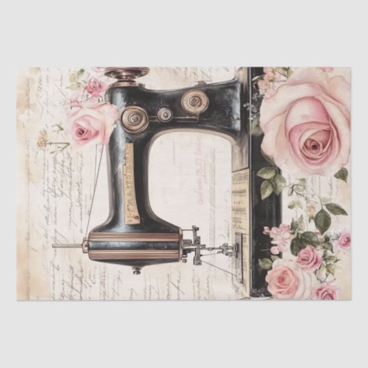 Papier Mousseline Roses et Motif d'ephemera de couture (Recto)