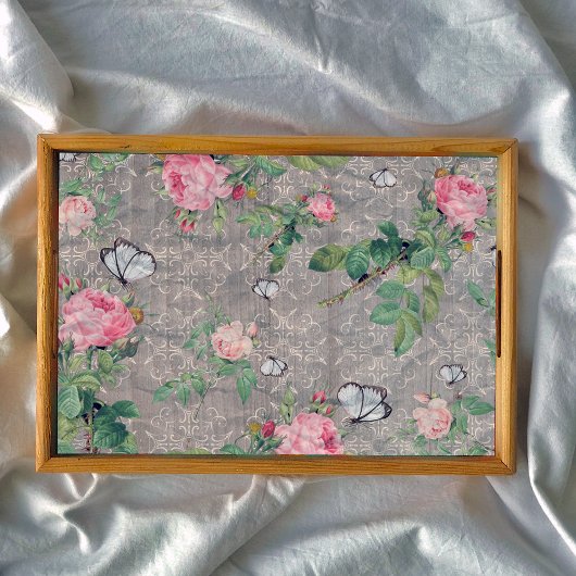 Papier Mousseline Roses Et Papillons Sur Une Découpage En Bois Damas
