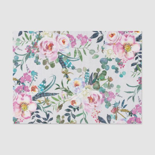 Papier Mousseline Roses et plumes d'aquarelle doucement désorganisés (Recto)
