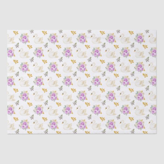 Papier Mousseline Roses floraux cygnes violet et or (Recto)