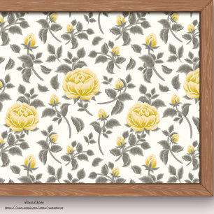 Papier Mousseline Roses jaune pâle avec feuilles gris blanc