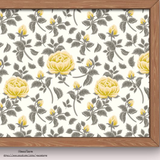 Papier Mousseline Roses jaune pâle avec feuilles gris blanc