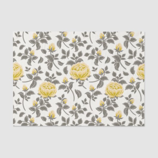 Papier Mousseline Roses jaune pâle avec feuilles gris blanc (Recto)