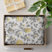 Papier Mousseline Roses jaune pâle avec feuilles gris blanc (Cadeau)