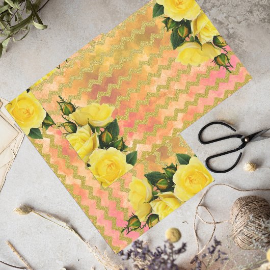 Papier Mousseline Roses Jaunes Sur Faux Gold Parties scintillant Che