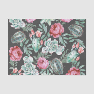 Papier Mousseline Roses roses et Motif de cactus succulents sur noir