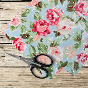 Papier Mousseline roses roses et pois blancs sur bleu clair