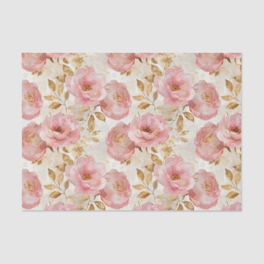 Papier Mousseline Roses roses roses avec Motif Feuille or (Recto)