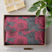 Papier Mousseline Roses rouges avec feuilles gris sur noir (Cadeau)