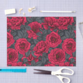 Papier Mousseline Roses rouges avec feuilles gris sur noir (Artisanat)