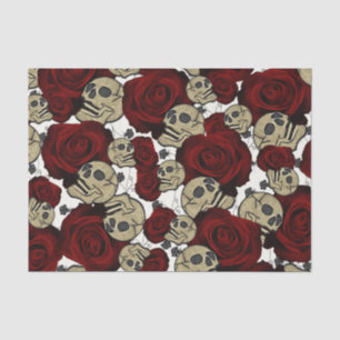 Papier Mousseline Roses Rouges & Crânes Floral Noir Gothique Blanc