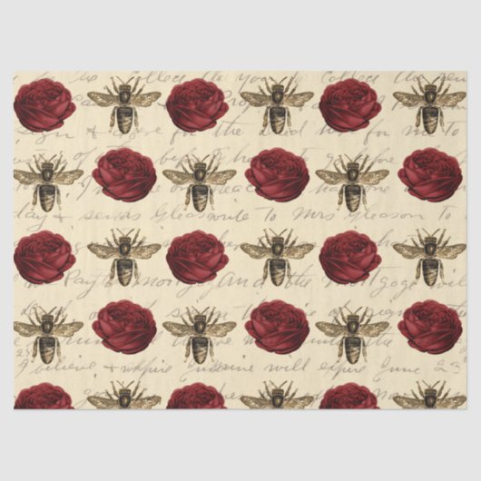 Papier Mousseline Roses rouges et abeilles Brown (Recto)