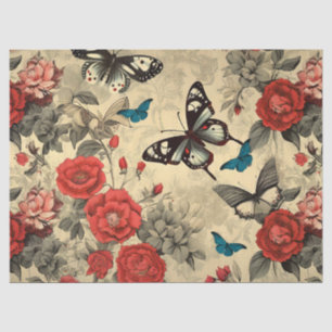 Papier Mousseline Roses rouges et papillons d'inspiration vintage