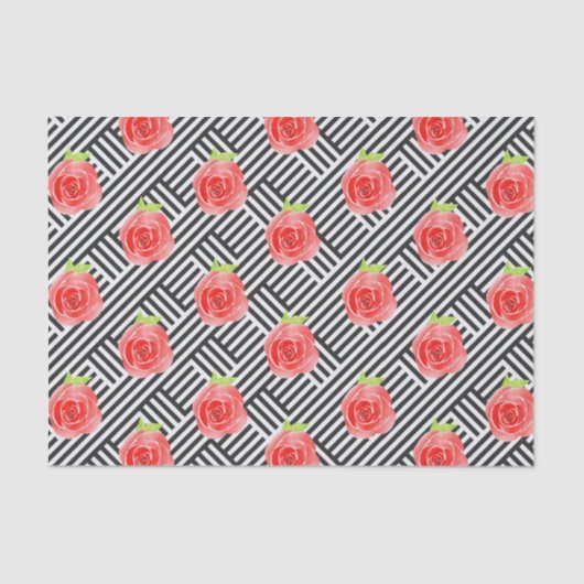 Papier Mousseline Roses sur rayures noires et blanches (Recto)