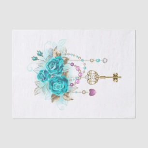 Papier Mousseline Roses turquoise avec touches