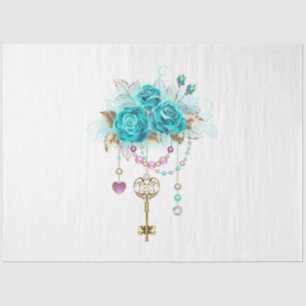 Papier Mousseline Roses turquoise avec touches