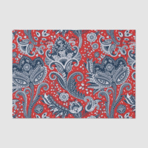 Papier Mousseline Rouge Blanc & Bleu Floral Paisley Bohème Bohémiens