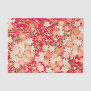 Papier Mousseline Rouge Blanc Or Japonais Kimono Floral Découpage