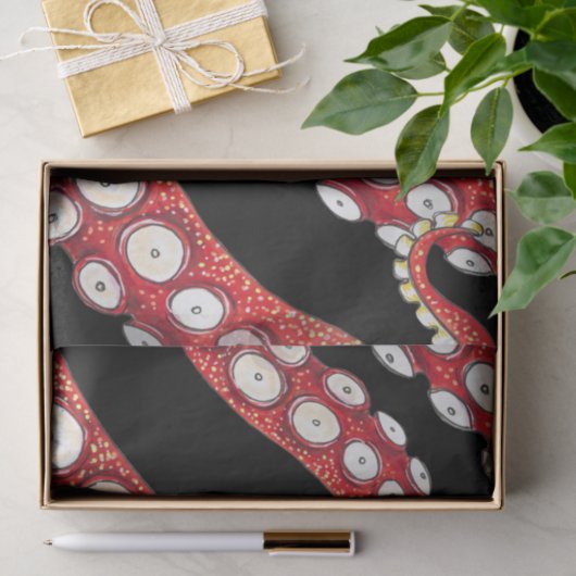 Papier Mousseline Rouge Kraken Octopus Tentacles Noir (Cadeau)