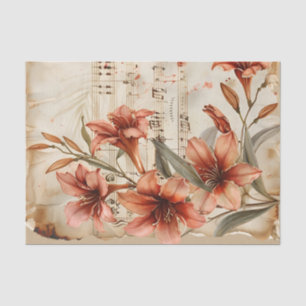 Papier Mousseline Rouge lys floral vintage feuille de musique éphémè
