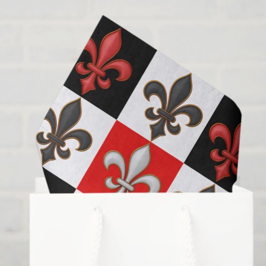 Papier Mousseline Rouge Noir Blanc À damiers Fleur de lis Design