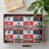 Papier Mousseline Rouge Noir Blanc À damiers Fleur de lis Design (Cadeau)