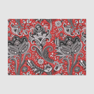 Papier Mousseline Rouge Noir & Blanc Floral Paisley Bohème Boho