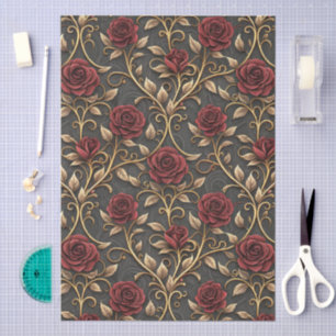 Papier Mousseline Rouge & Or Motif de Style Damassé de Rose Victorie