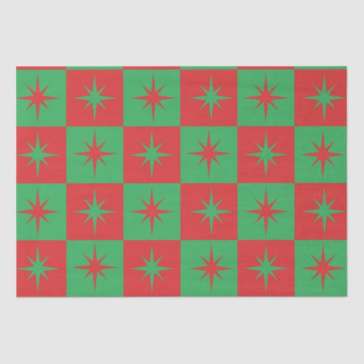 Papier Mousseline Rouge vert à damiers rétro starburds de Noël (Recto)
