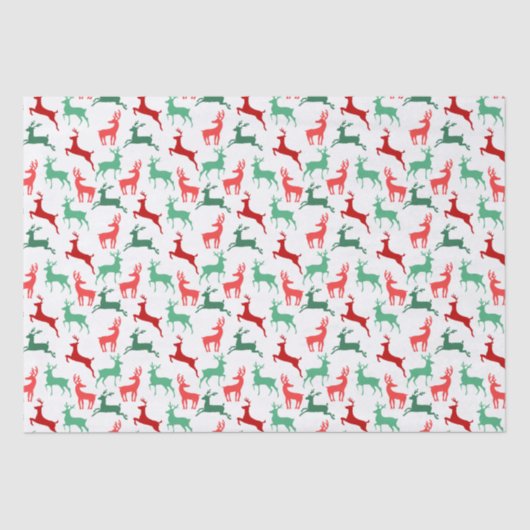 Papier Mousseline Rouge Vert Noël Reindeer Motif Blanc (Recto)