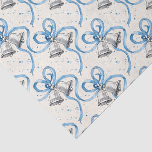 Papier Mousseline Rubans bleus et clochettes d'argent sur crème