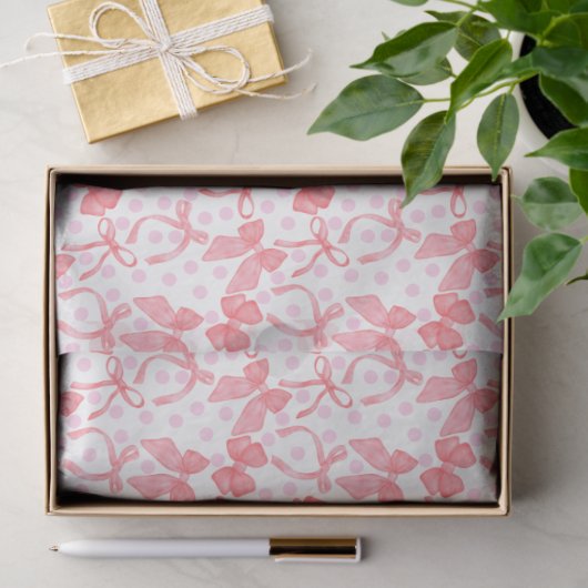 Papier Mousseline Rubans Rouges & Points Roses (Cadeau)