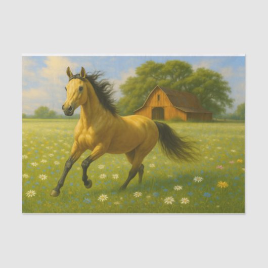 Papier Mousseline Running Horse in Barnyard Pasture Decoupage Paper (Recto)
