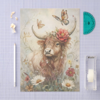 Papier Mousseline Rustic Highland Cow With Butterfly Decoupage